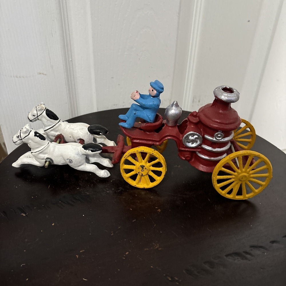 Vintage 1940s-50s Cast Iron Horse-Drawn Fire Pumper with Driver